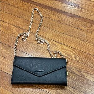 Valentino Black Leather Clutch with Gold Chain